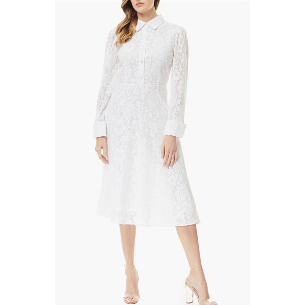 Love X Design White Floral Lace Midi Shirt Dress Long Sleeve Bridal XS NWT